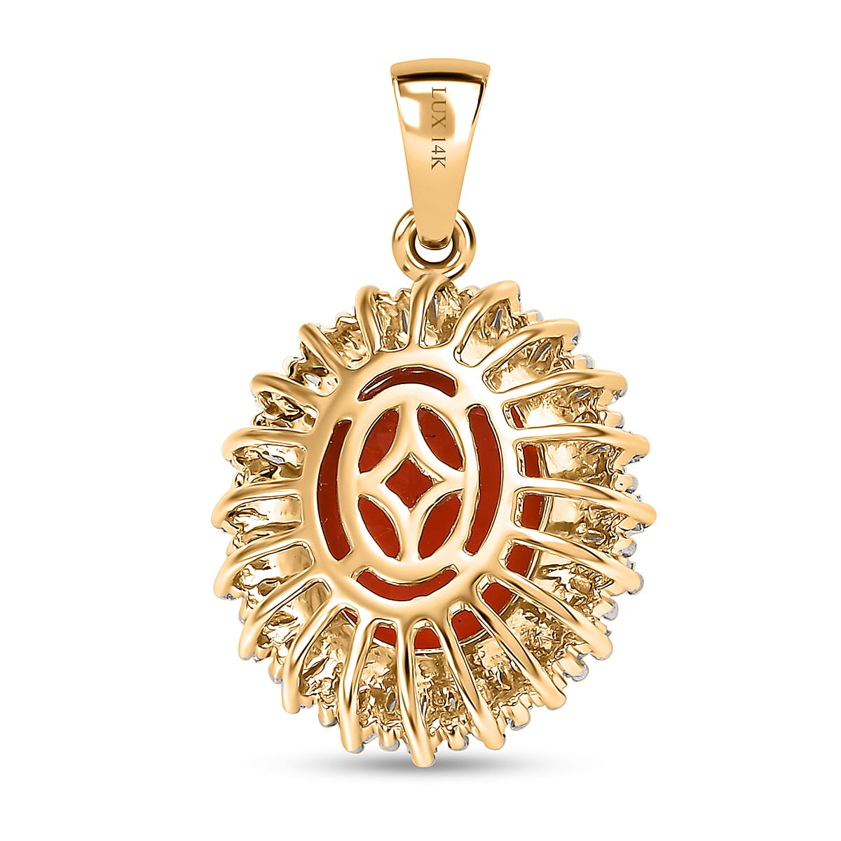 Luxoro AAA Crimson Fire Opal and Diamond G-H I2 3.50 ctw Scarlet Sunburst Pendant without Chain in 14K Yellow Gold