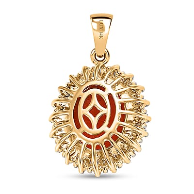 Luxoro AAA Crimson Fire Opal and Diamond G-H I2 3.50 ctw Scarlet Sunburst Pendant without Chain in 14K Yellow Gold