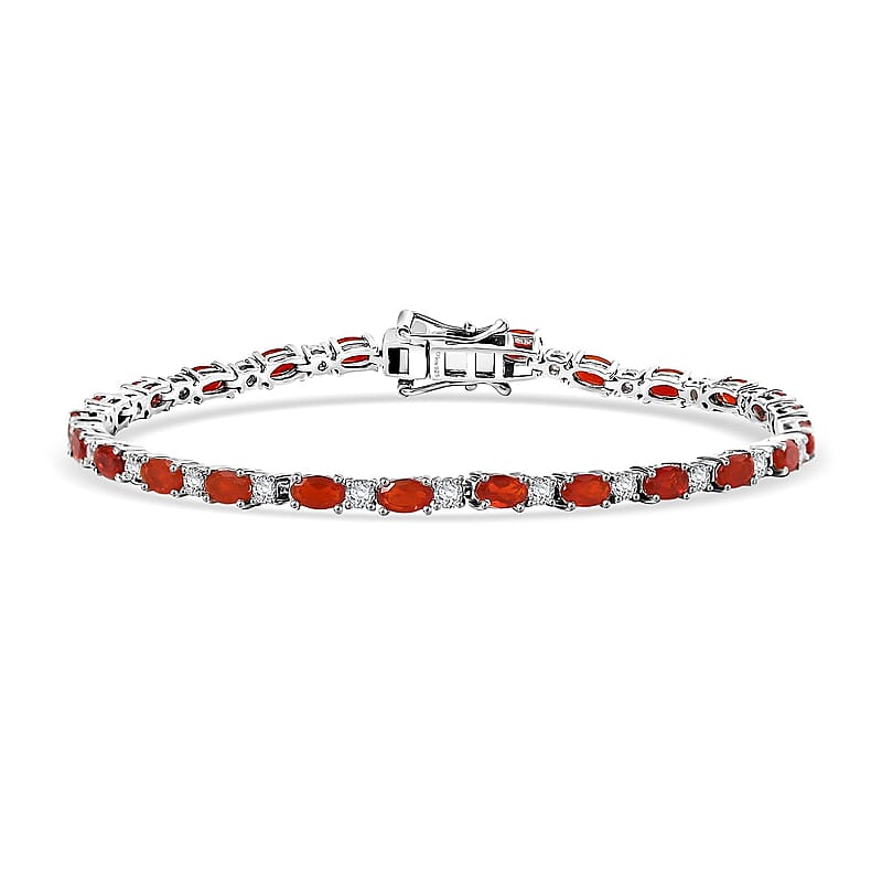 D'Joy Crimson Fire Opal and Moissanite 4.60 ctw Fiery Tennis Bracelet in Rhodium Over Sterling Silver (6.50 In)