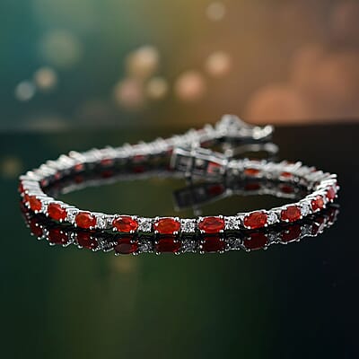 D'Joy Crimson Fire Opal and Moissanite 4.60 ctw Fiery Tennis Bracelet in Rhodium Over Sterling Silver (6.50 In)