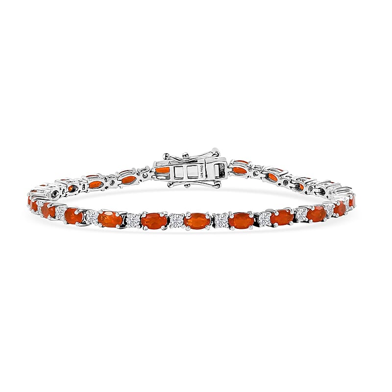 D'Joy Crimson Fire Opal and Moissanite 5.00 ctw Fiery Tennis Bracelet in Rhodium Over Sterling Silver (7.25 In)