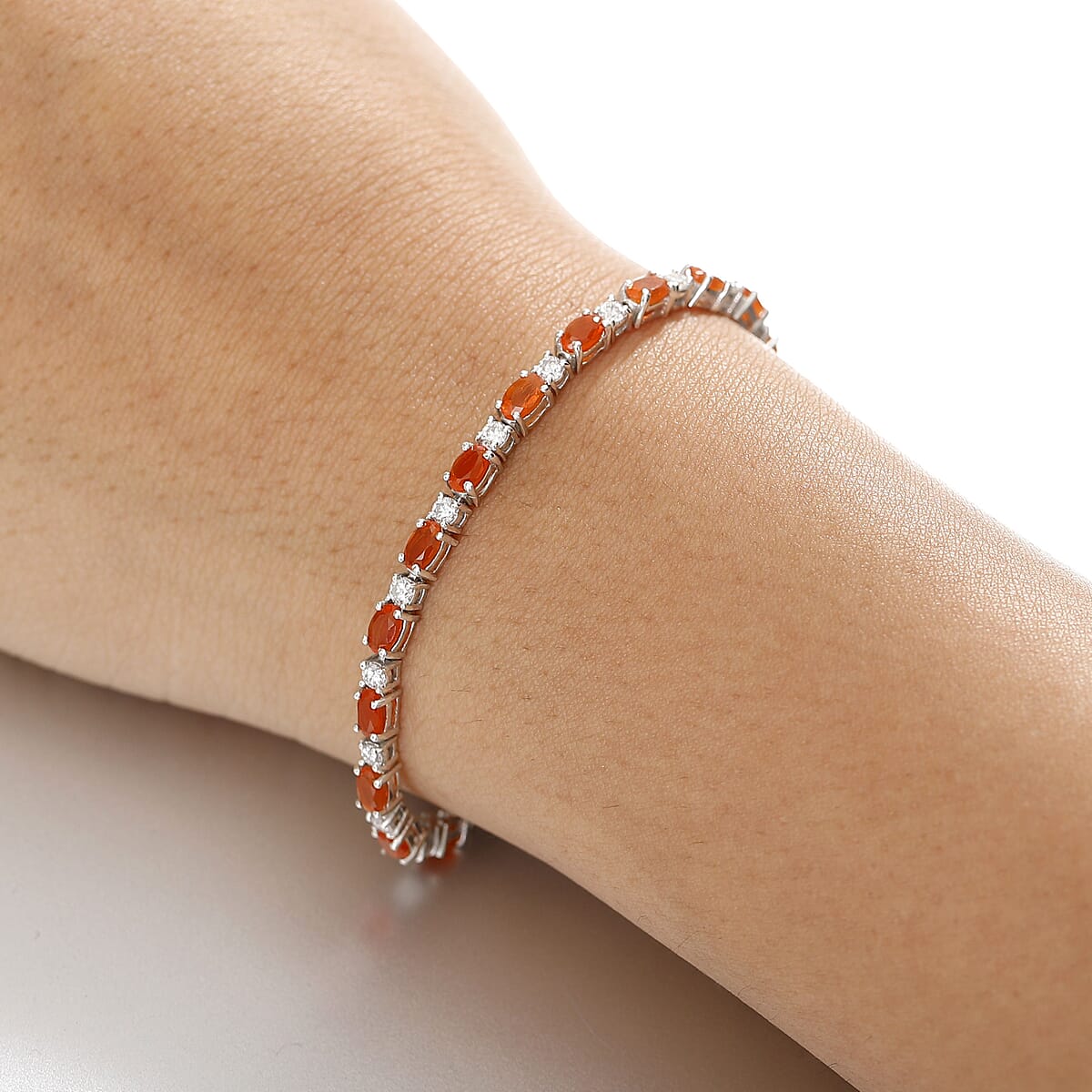 D'Joy Crimson Fire Opal and Moissanite 5.00 ctw Fiery Tennis Bracelet in Rhodium Over Sterling Silver (7.25 In) image number 2