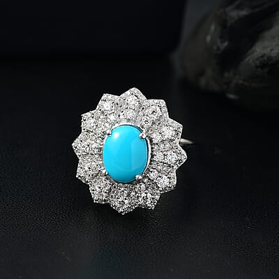 D'Joy Premium Sleeping Beauty Turquoise and Moissanite 2.75 ctw Frosted Blossom Ring in Rhodium Over Sterling Silver (Size 10.0)