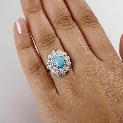 D'Joy Premium Sleeping Beauty Turquoise and Moissanite 2.75 ctw Frosted Blossom Ring in Rhodium Over Sterling Silver (Size 10.0)