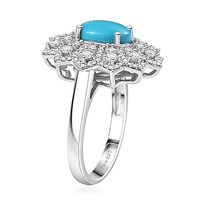 D'Joy Premium Sleeping Beauty Turquoise and Moissanite 2.75 ctw Frosted Blossom Ring in Rhodium Over Sterling Silver (Size 10.0)