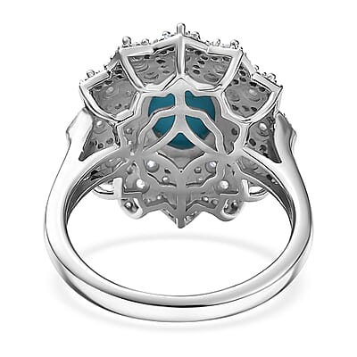 D'Joy Premium Sleeping Beauty Turquoise and Moissanite 2.75 ctw Frosted Blossom Ring in Rhodium Over Sterling Silver (Size 10.0)