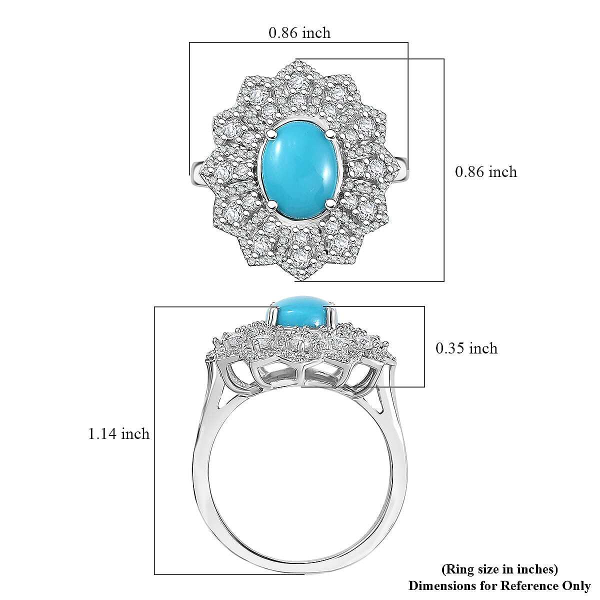 D'Joy Premium Sleeping Beauty Turquoise and Moissanite 2.75 ctw Frosted Blossom Ring in Rhodium Over Sterling Silver (Size 10.0)