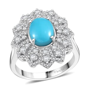 D'Joy Premium Sleeping Beauty Turquoise and Moissanite 2.75 ctw Frosted Blossom Ring in Rhodium Over Sterling Silver (Size 7.0)
