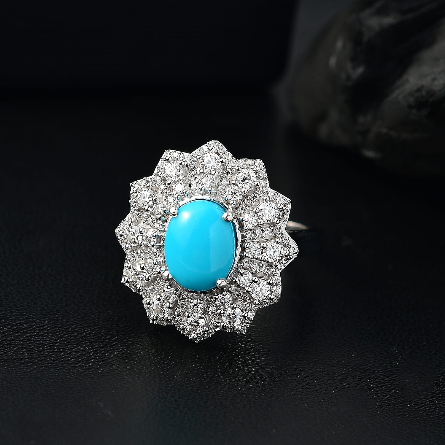 Premium Sleeping Beauty Turquoise, Moissanite Ring in Rhodium OverSterling Silver (Size 7.0) 2.75 ctw