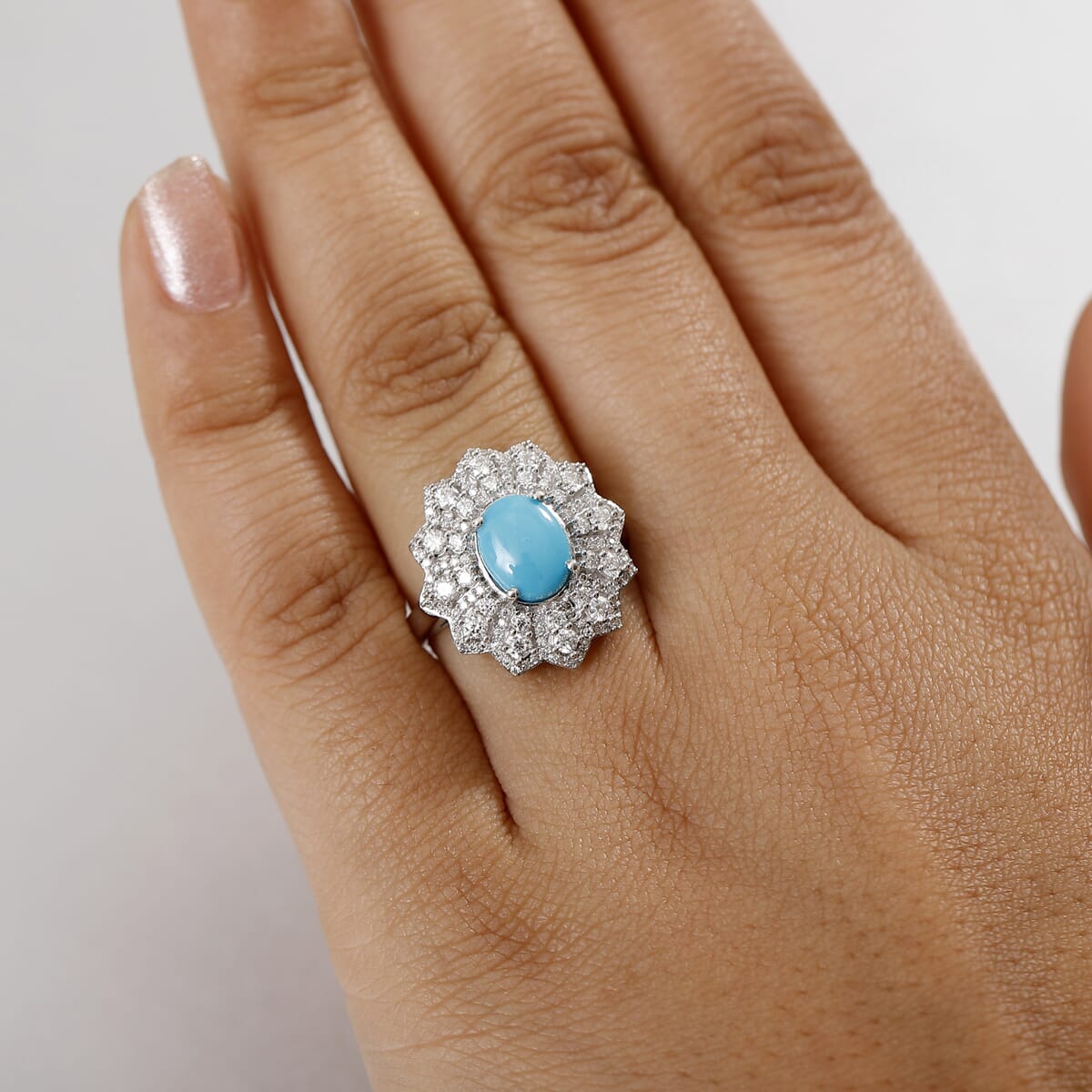 D'Joy Premium Sleeping Beauty Turquoise and Moissanite 2.75 ctw Frosted Blossom Ring in Rhodium Over Sterling Silver (Size 8.0) image number 2
