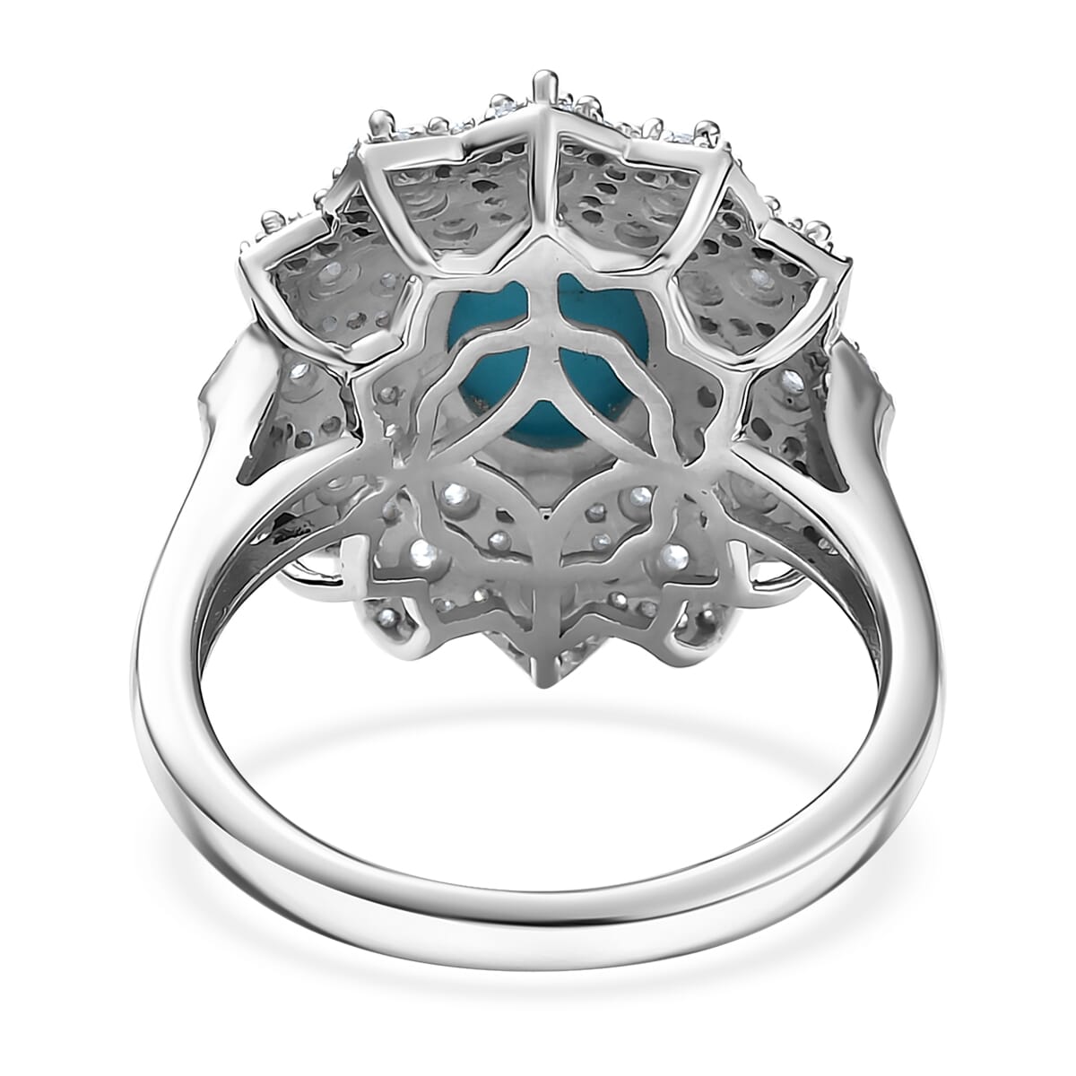 D'Joy Premium Sleeping Beauty Turquoise and Moissanite 2.75 ctw Frosted Blossom Ring in Rhodium Over Sterling Silver (Size 8.0) image number 4