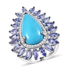 D'Joy Premium Sleeping Beauty Turquoise and Multi Gemstone 10.00 ctw Oceanic Radiance Ring in Rhodium Over Sterling Silver (Size 10.0)