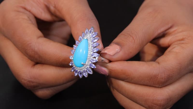 Premium Sleeping Beauty Turquoise, Multi Gemstone Ring in Rhodium Over Sterling Silver (Size 10.0) 10.00 ctw