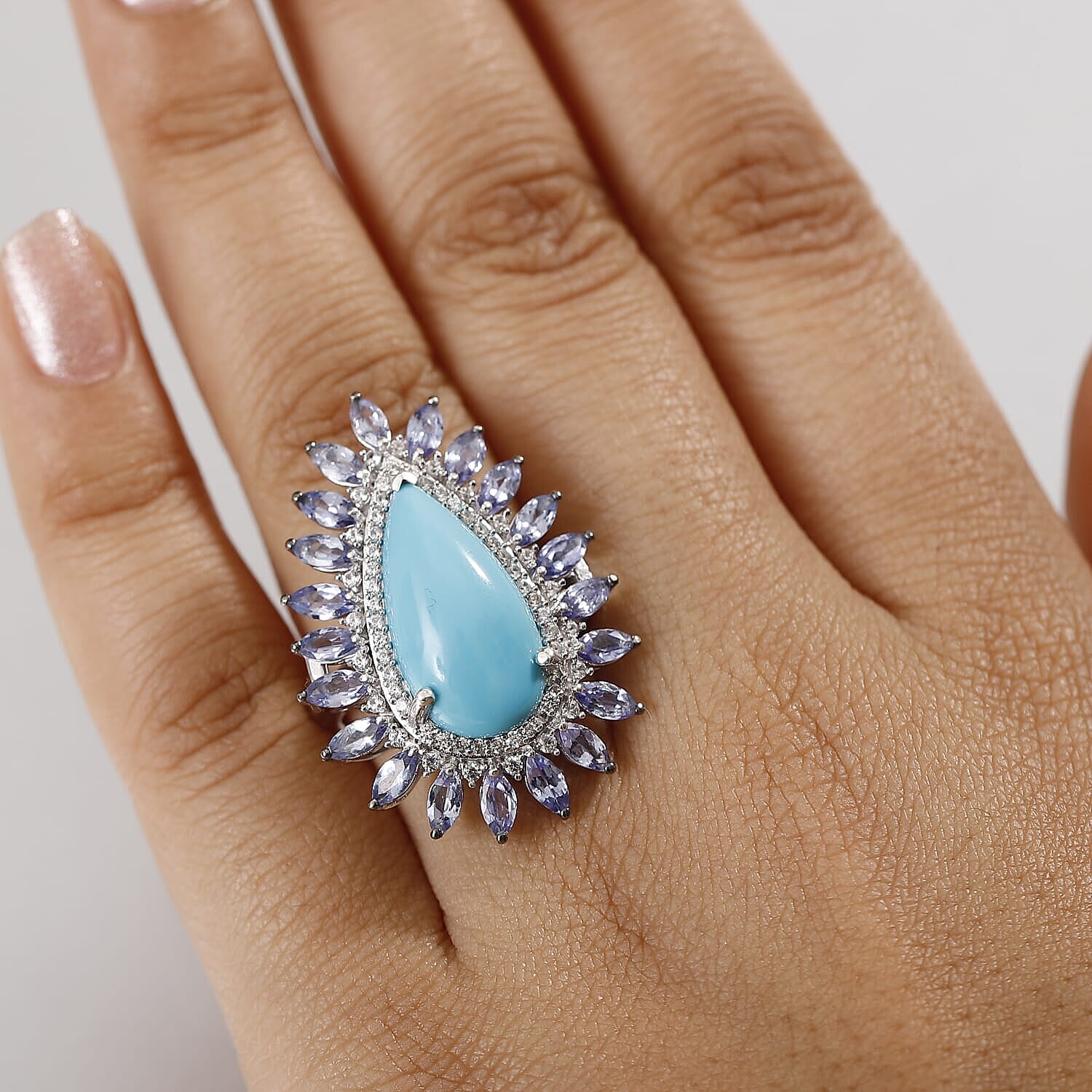 D'Joy Premium Sleeping Beauty Turquoise and Multi Gemstone 10.00 ctw Oceanic Radiance Ring in Rhodium Over Sterling Silver (Size 10.0)
