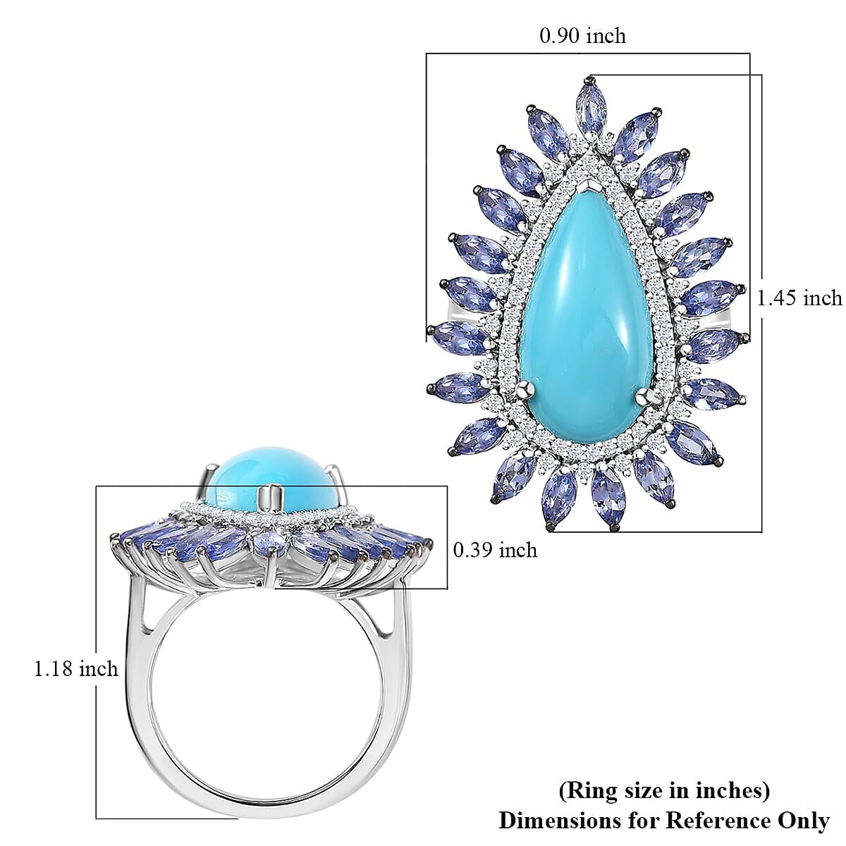 D'Joy Premium Sleeping Beauty Turquoise and Multi Gemstone 10.00 ctw Oceanic Radiance Ring in Rhodium Over Sterling Silver (Size 10.0)