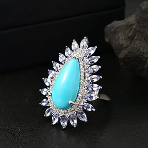 Premium Sleeping Beauty Turquoise, Multi Gemstone Ring in Rhodium Over Sterling Silver (Size 5.0) 10.00 ctw