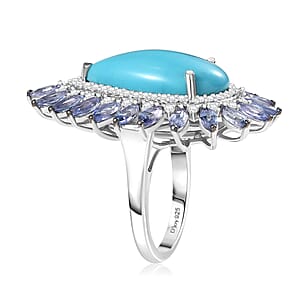 Premium Sleeping Beauty Turquoise, Multi Gemstone Ring in Rhodium Over Sterling Silver (Size 5.0) 10.00 ctw