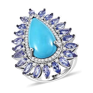 D'Joy Premium Sleeping Beauty Turquoise and Multi Gemstone 10.00 ctw Oceanic Radiance Ring in Rhodium Over Sterling Silver (Size 6.0)