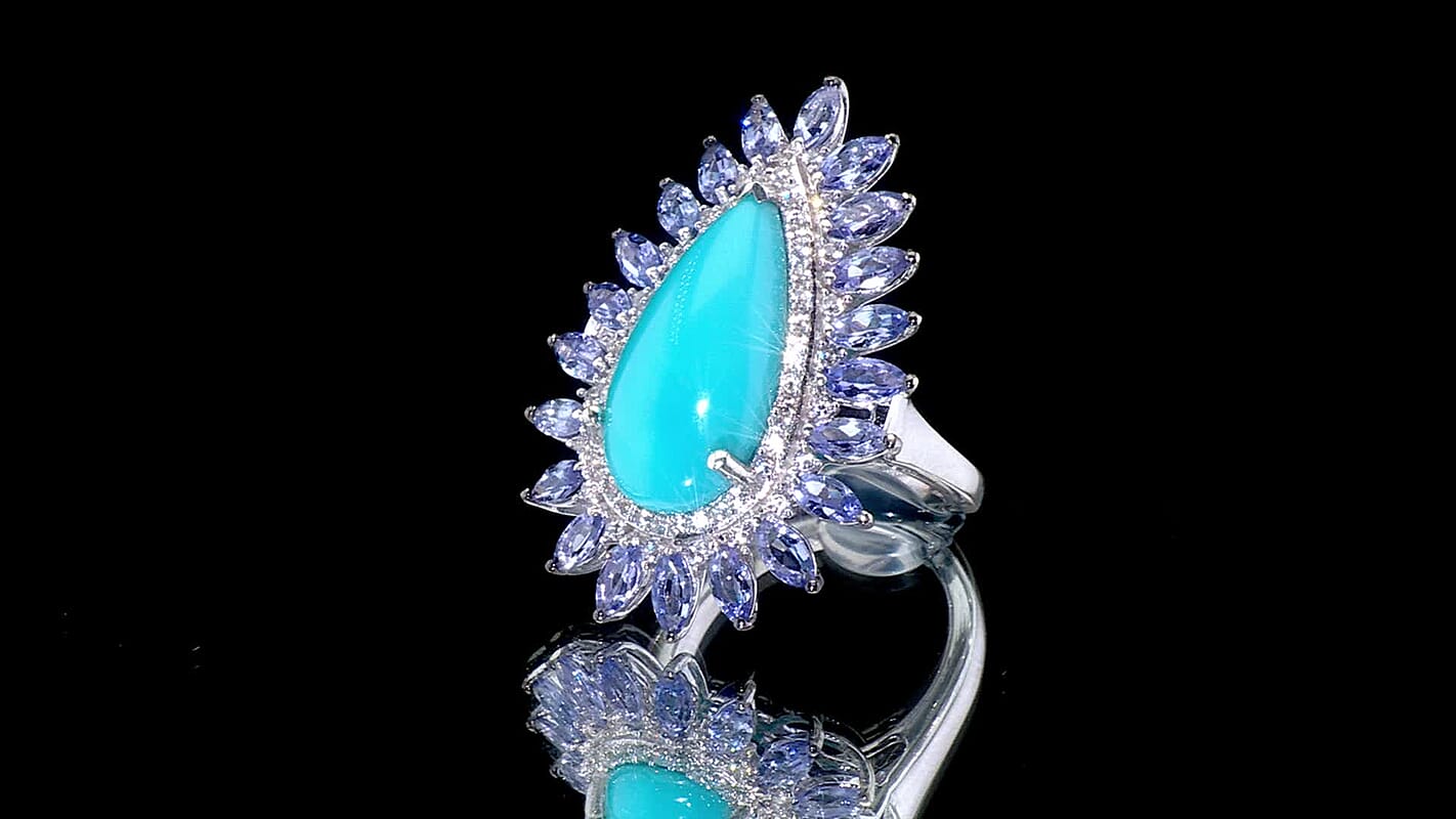 Premium Sleeping Beauty Turquoise, Multi Gemstone Ring in Rhodium Over Sterling Silver (Size 10.0) 10.00 ctw