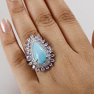 D'Joy Premium Sleeping Beauty Turquoise and Multi Gemstone 10.00 ctw Oceanic Radiance Ring in Rhodium Over Sterling Silver (Size 7.0)