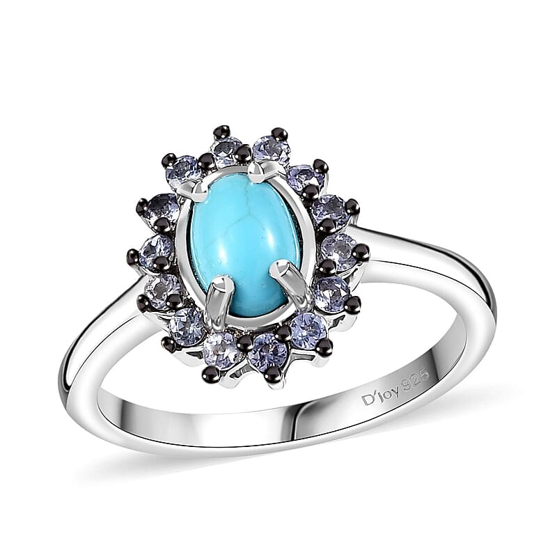 D'Joy Premium Sleeping Beauty Turquoise and Tanzanite 1.00 ctw Ocean Bloom Ring in Rhodium Over Sterling Silver (Size 10.0)