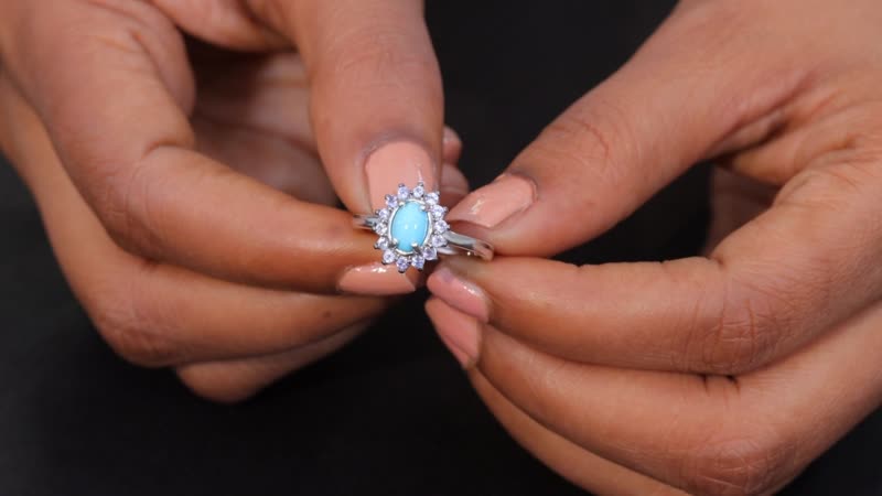 Premium Sleeping Beauty Turquoise, Tanzanite Ring in Rhodium Over Sterling Silver (Size 10.0) 1.00 ctw
