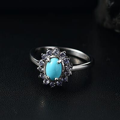 D'Joy Premium Sleeping Beauty Turquoise and Tanzanite 1.00 ctw Ocean Bloom Ring in Rhodium Over Sterling Silver (Size 10.0)