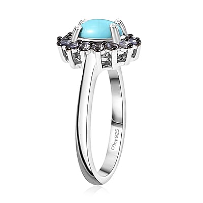 D'Joy Premium Sleeping Beauty Turquoise and Tanzanite 1.00 ctw Ocean Bloom Ring in Rhodium Over Sterling Silver (Size 10.0)
