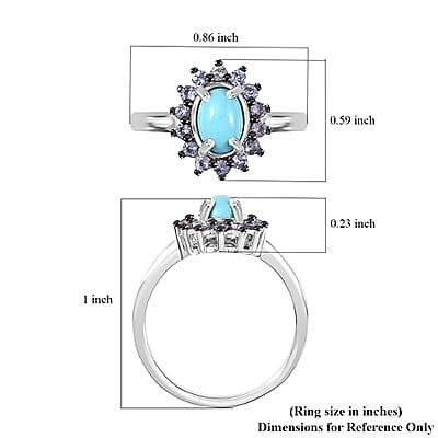 D'Joy Premium Sleeping Beauty Turquoise and Tanzanite 1.00 ctw Ocean Bloom Ring in Rhodium Over Sterling Silver (Size 10.0)