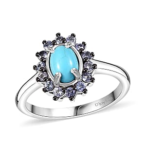 D'Joy Premium Sleeping Beauty Turquoise and Tanzanite 1.00 ctw Ocean Bloom Ring in Rhodium Over Sterling Silver (Size 6.0)