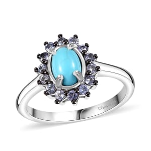 D'Joy Premium Sleeping Beauty Turquoise and Tanzanite 1.00 ctw Ocean Bloom Ring in Rhodium Over Sterling Silver (Size 7.0)