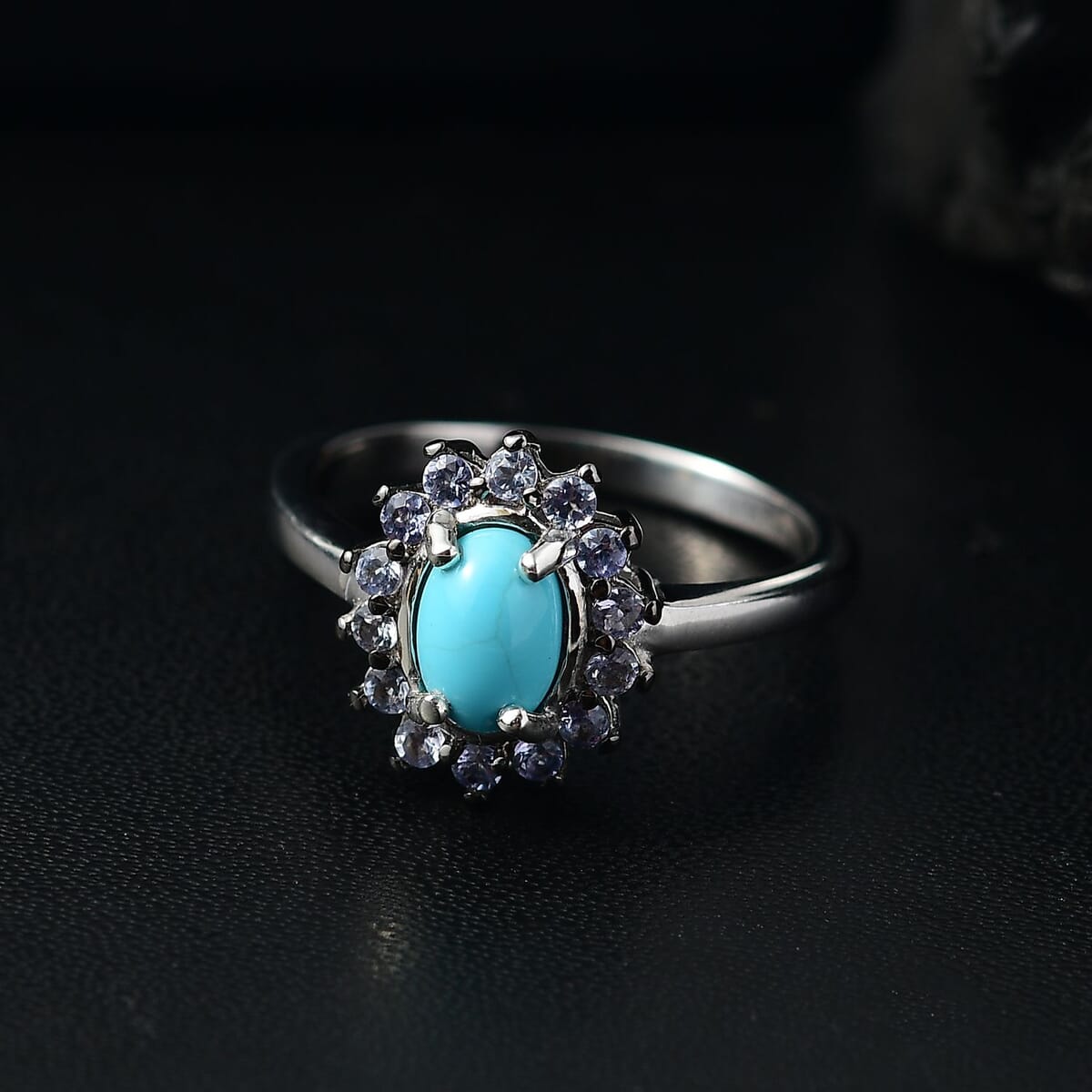D'Joy Premium Sleeping Beauty Turquoise and Tanzanite 1.00 ctw Ocean Bloom Ring in Rhodium Over Sterling Silver (Size 7.0) image number 1