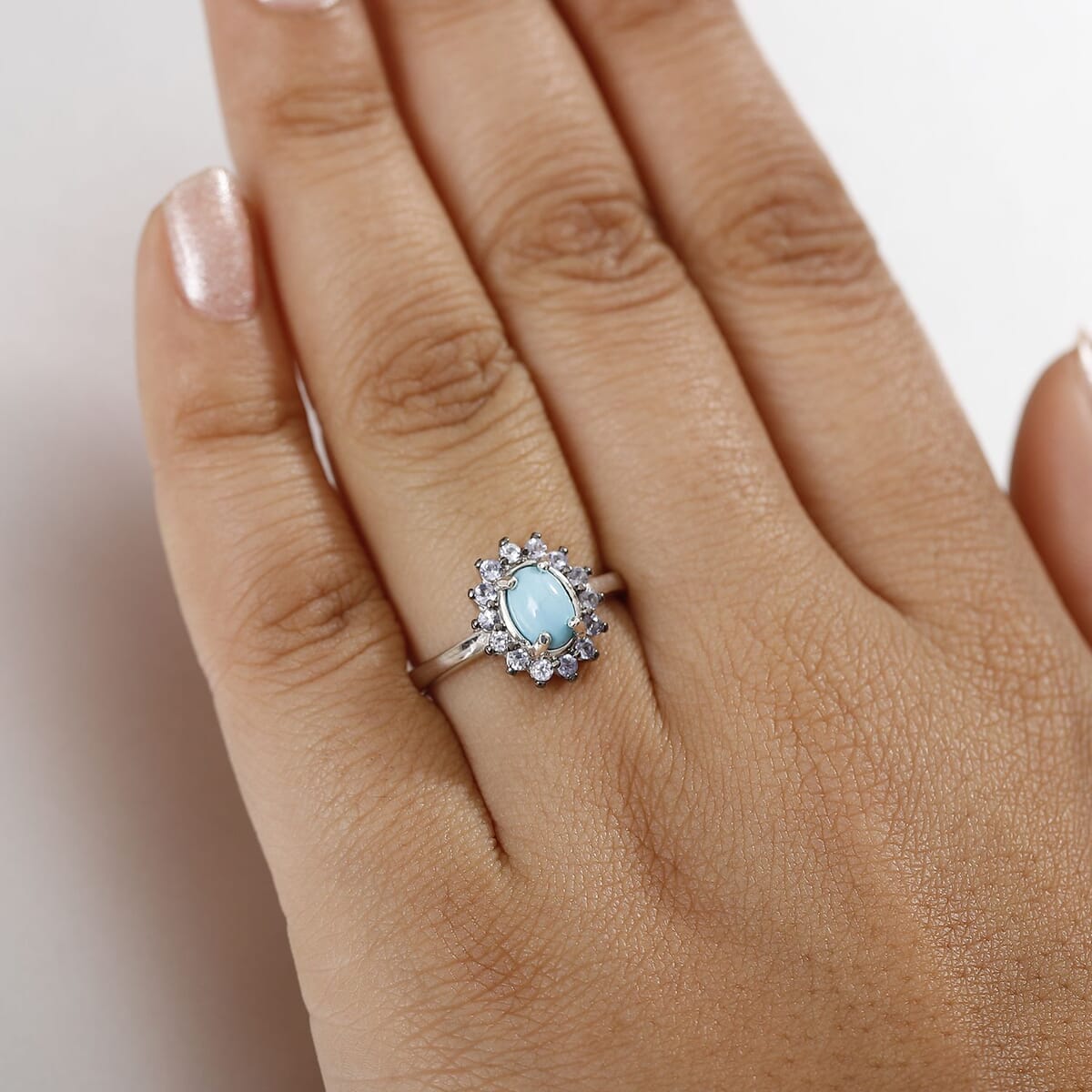 D'Joy Premium Sleeping Beauty Turquoise and Tanzanite 1.00 ctw Ocean Bloom Ring in Rhodium Over Sterling Silver (Size 7.0) image number 2