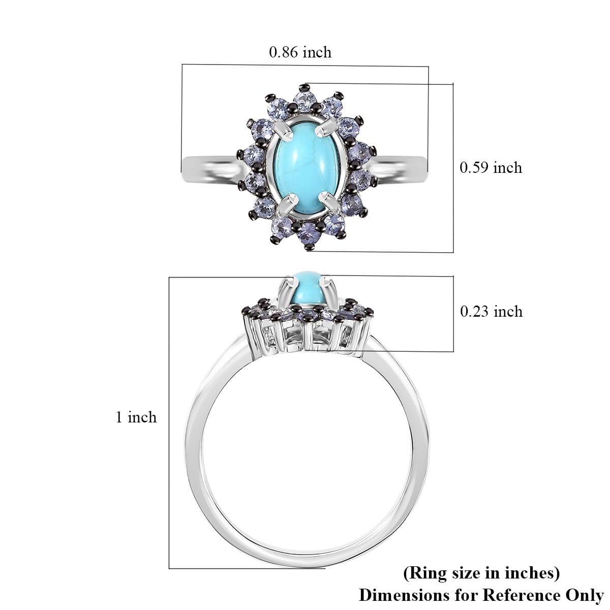 D'Joy Premium Sleeping Beauty Turquoise and Tanzanite 1.00 ctw Ocean Bloom Ring in Rhodium Over Sterling Silver (Size 7.0) image number 5