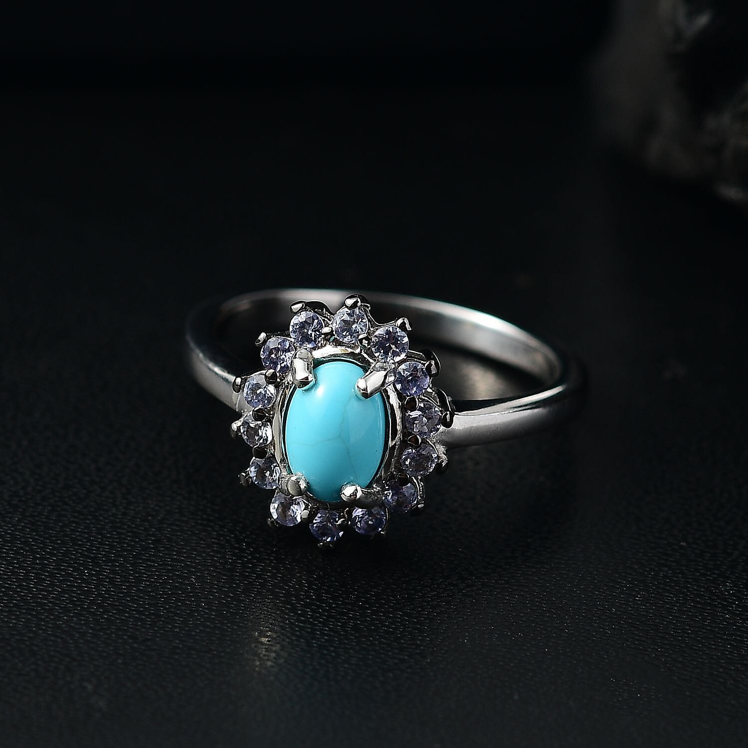 D'Joy Premium Sleeping Beauty Turquoise and Tanzanite 1.00 ctw Ocean Bloom Ring in Rhodium Over Sterling Silver (Size 9.0)