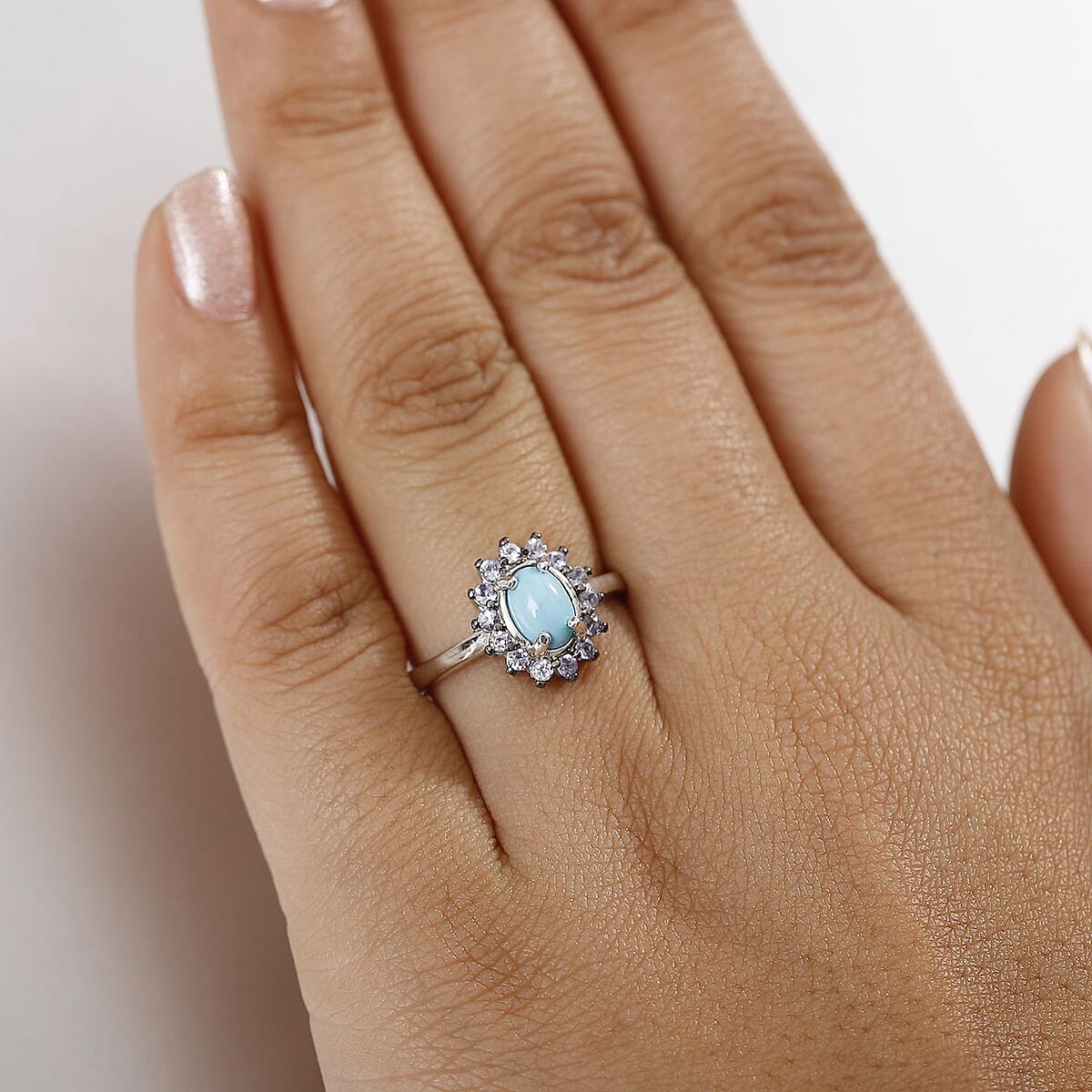 D'Joy Premium Sleeping Beauty Turquoise and Tanzanite 1.00 ctw Ocean Bloom Ring in Rhodium Over Sterling Silver (Size 9.0) image number 2