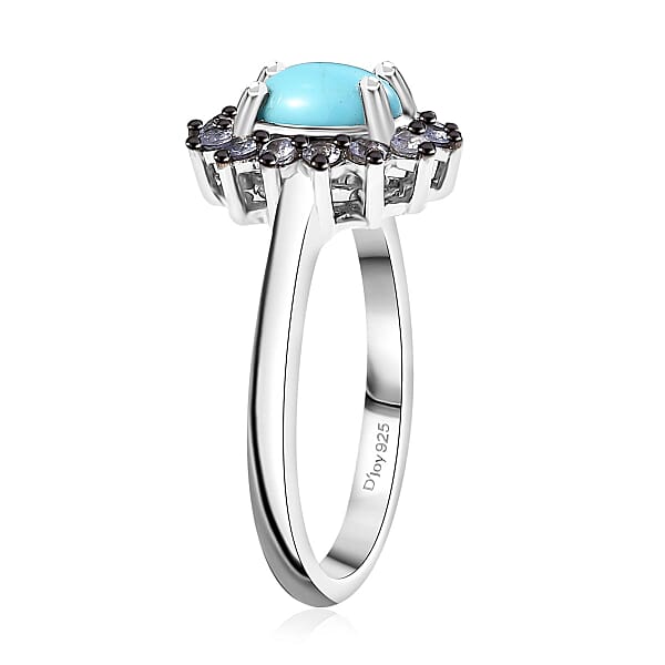 D'Joy Premium Sleeping Beauty Turquoise and Tanzanite 1.00 ctw Ocean Bloom Ring in Rhodium Over Sterling Silver (Size 9.0)