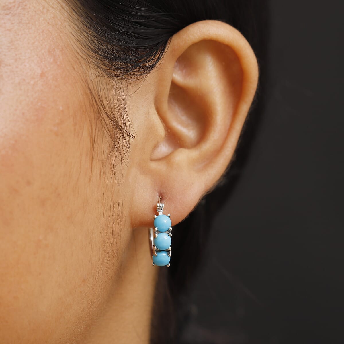 D'Joy Premium Sleeping Beauty Turquoise 3.10 ctw Hoop Earrings in Rhodium Over Sterling Silver image number 2