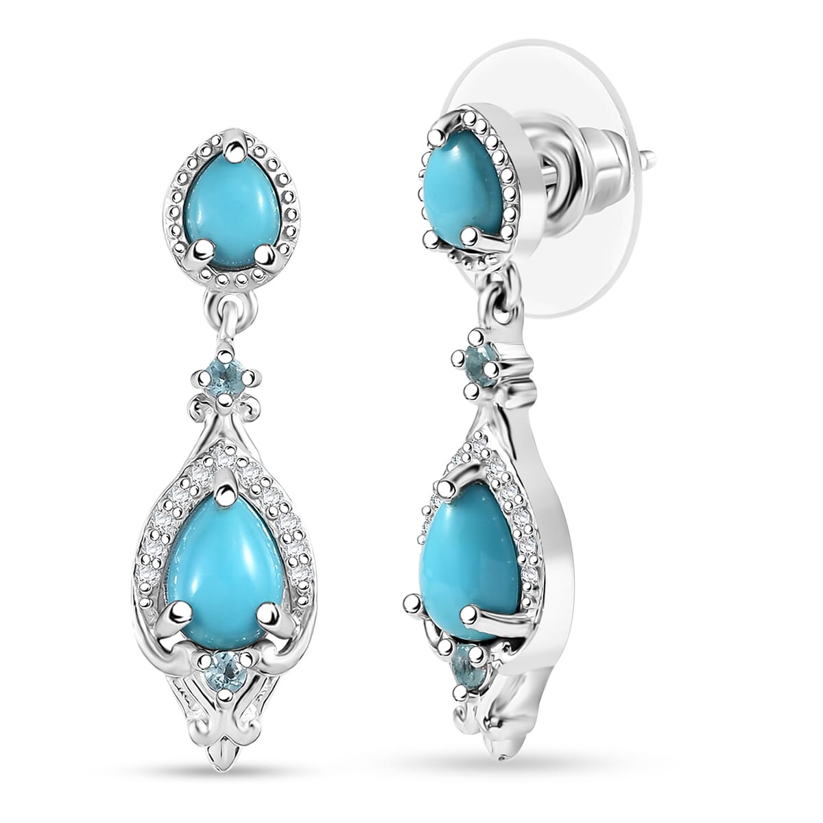 D'Joy Premium Sleeping Beauty Turquoise and Multi Gemstone 2.15 ctw Dangle Earrings in Rhodium Over Sterling Silver image number 0