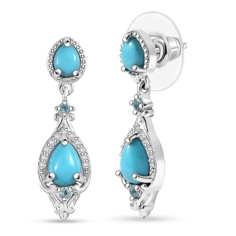 D'Joy Premium Sleeping Beauty Turquoise and Multi Gemstone 2.15 ctw Dangle Earrings in Rhodium Over Sterling Silver