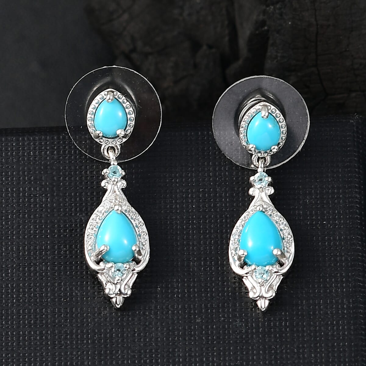 D'Joy Premium Sleeping Beauty Turquoise and Multi Gemstone 2.15 ctw Dangle Earrings in Rhodium Over Sterling Silver image number 1