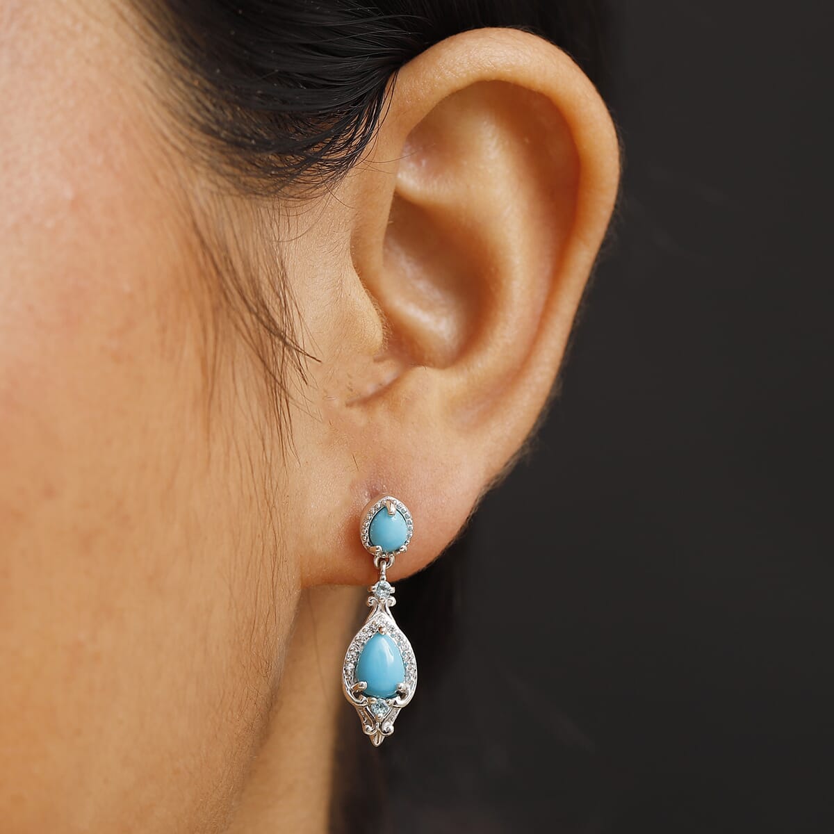 D'Joy Premium Sleeping Beauty Turquoise and Multi Gemstone 2.15 ctw Dangle Earrings in Rhodium Over Sterling Silver image number 2