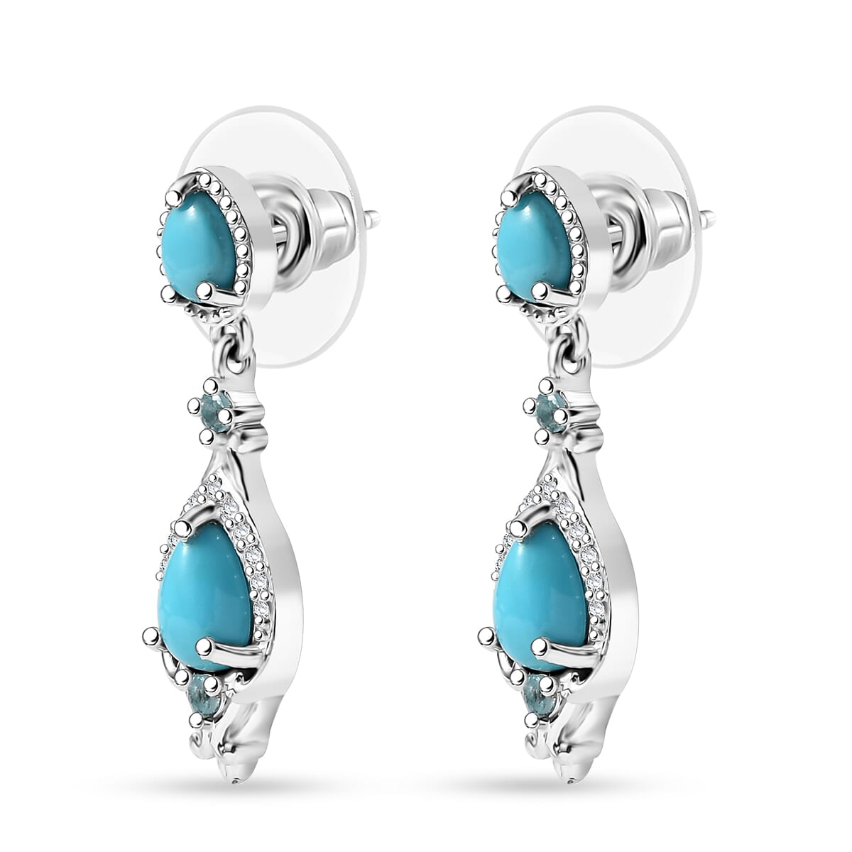 D'Joy Premium Sleeping Beauty Turquoise and Multi Gemstone 2.15 ctw Dangle Earrings in Rhodium Over Sterling Silver image number 3