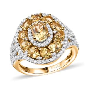 Brazilian Heliodor and White Zircon 3.60 ctw Royal Halo Ring in 18K Vermeil Yellow Gold Over Sterling Silver (Size 10.0)