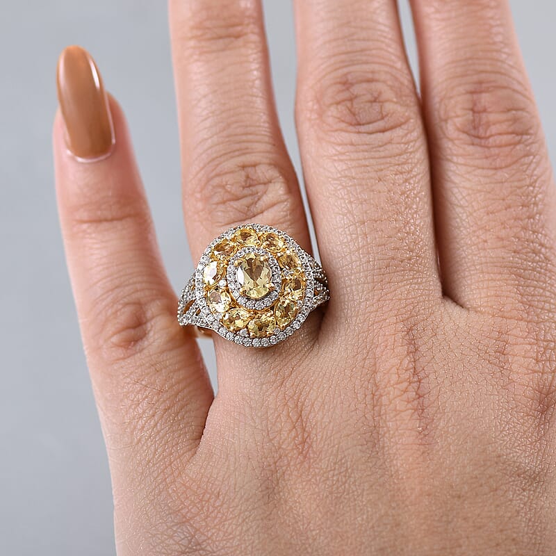 D'Joy Brazilian Heliodor and White Zircon 3.60 ctw Royal Halo Ring in 18K Vermeil Yellow Gold Over Sterling Silver (Size 10.0)