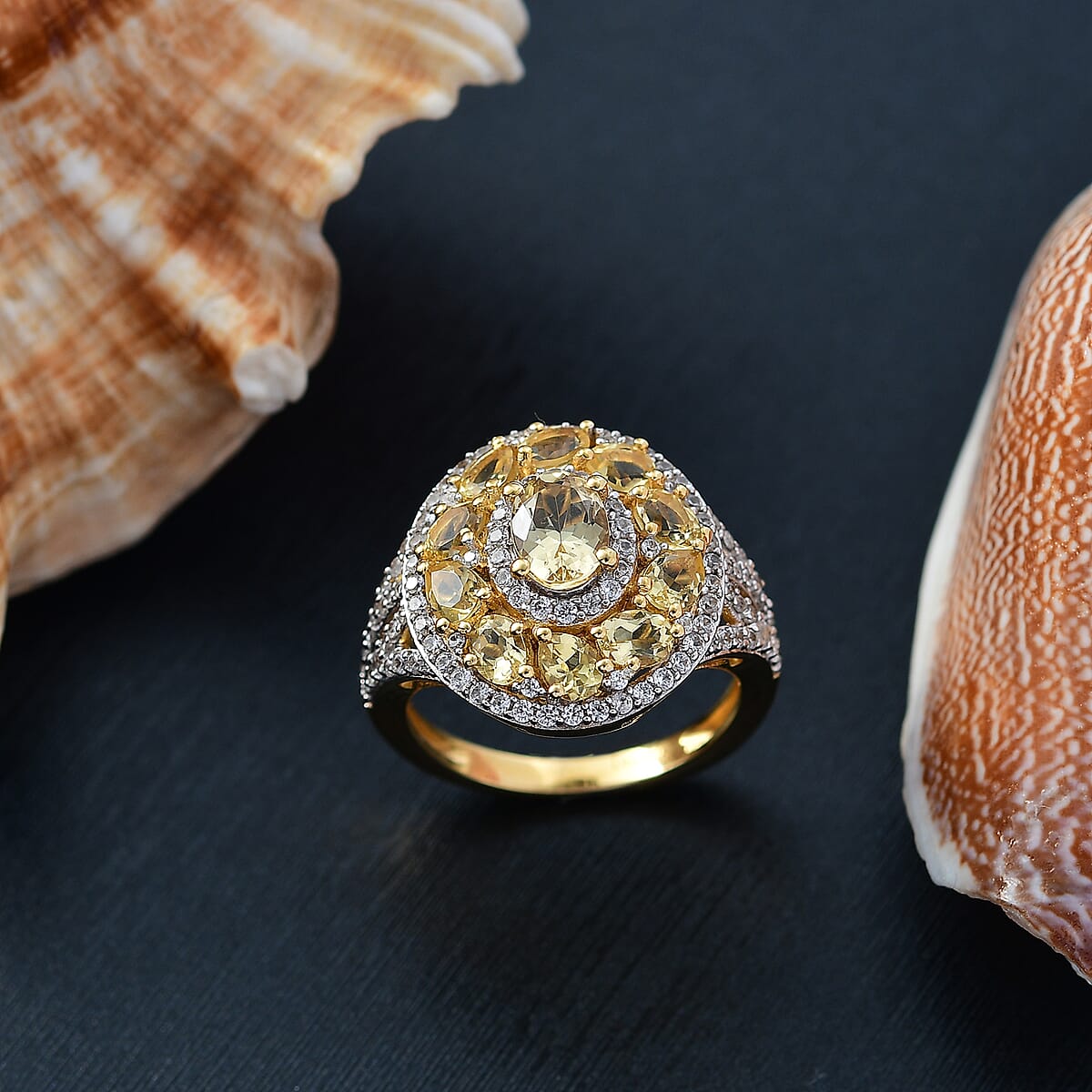 D'Joy Brazilian Heliodor and White Zircon 3.60 ctw Royal Halo Ring in 18K Vermeil YG Over Sterling Silver (Size 8.0) image number 1