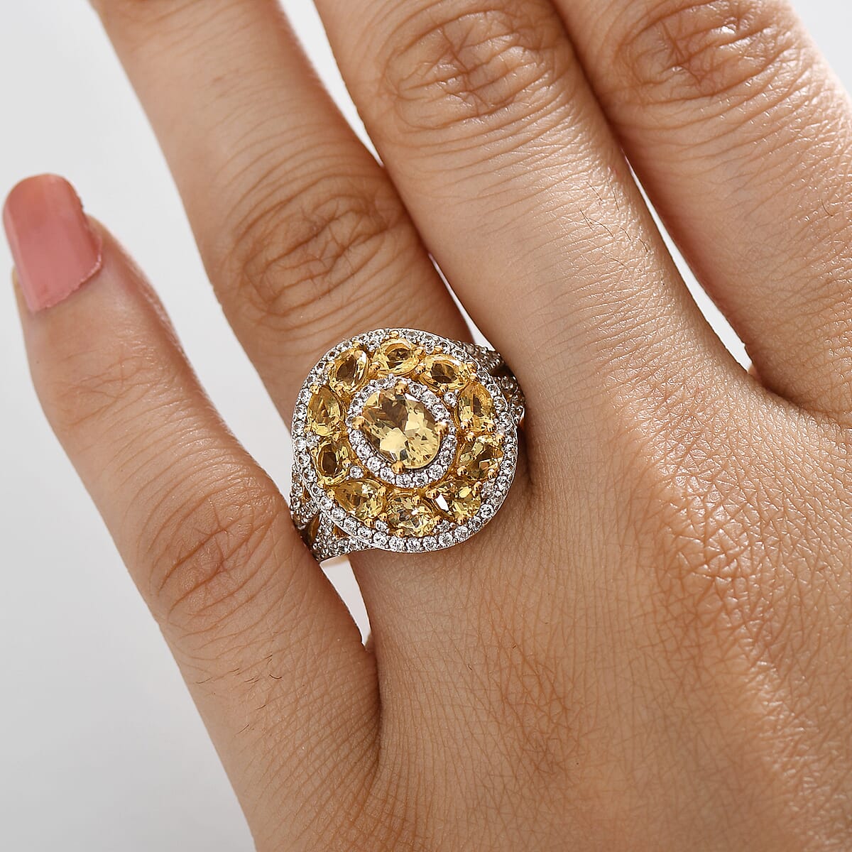 D'Joy Brazilian Heliodor and White Zircon 3.60 ctw Royal Halo Ring in 18K Vermeil YG Over Sterling Silver (Size 8.0) image number 2