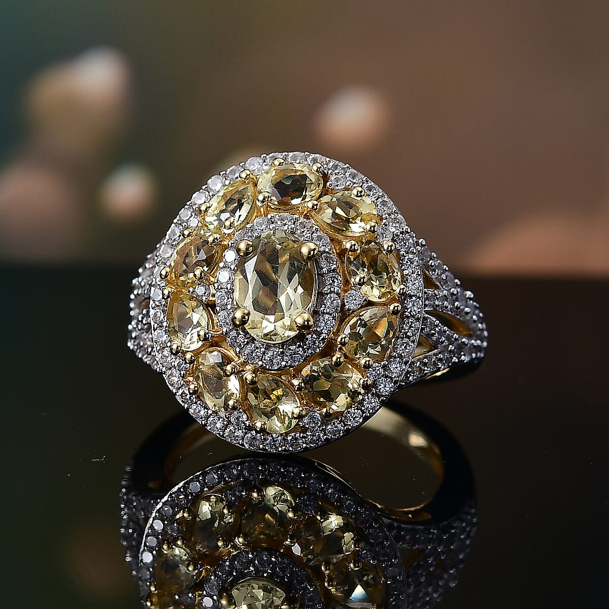 D'Joy Brazilian Heliodor and White Zircon 3.60 ctw Royal Halo Ring in 18K Vermeil Yellow Gold Over Sterling Silver (Size 9.0) image number 1