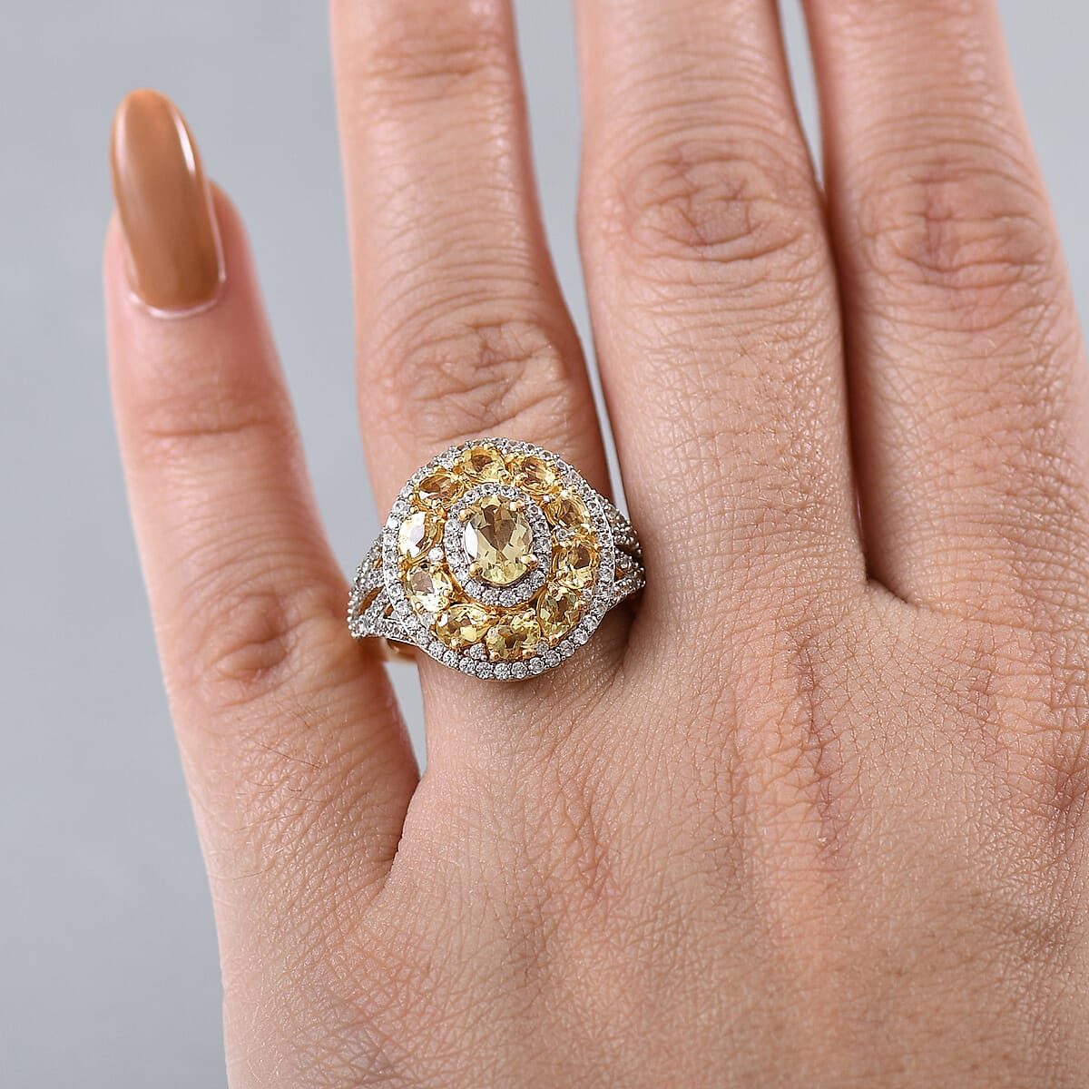 D'Joy Brazilian Heliodor and White Zircon 3.60 ctw Royal Halo Ring in 18K Vermeil Yellow Gold Over Sterling Silver (Size 9.0) image number 2