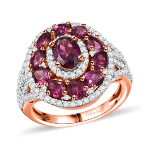 D'Joy Radiant Ember Garnet and White Zircon 4.25 ctw Royal Halo Ring in 18K Vermeil Rose Gold Over Sterling Silver (Size 10.0)